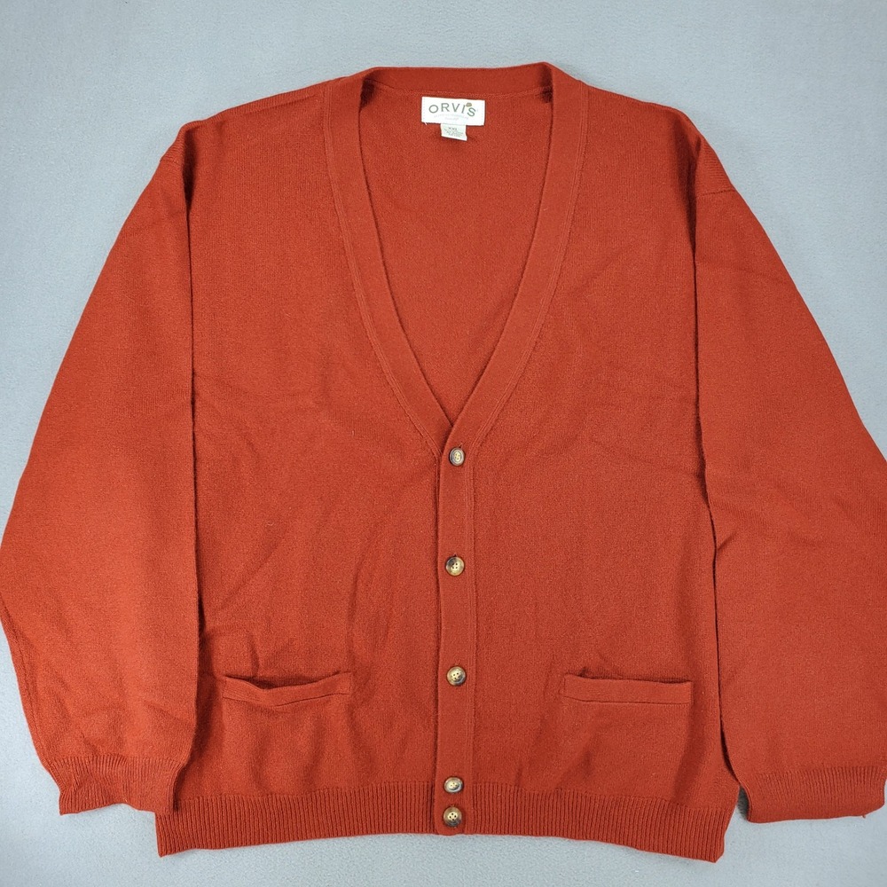 Orvis Cardigan Sweater Mens XXL Rust Orange 100% Cashmere V-Neck Button Front